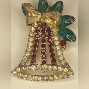 Vintage red and green rhinestone Christmas bell brooch